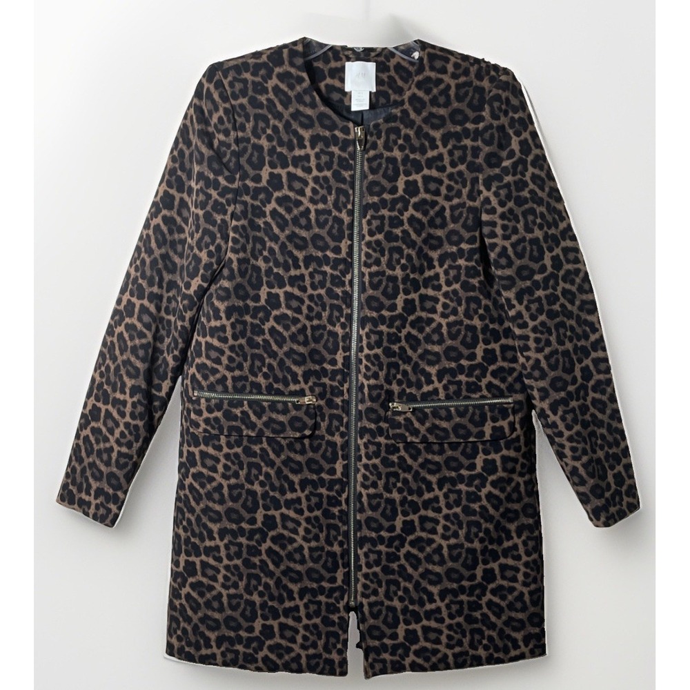 H&M Long Sleeve Leopard Gold Zip Pockets Mid Length Jacket Women's Size 4